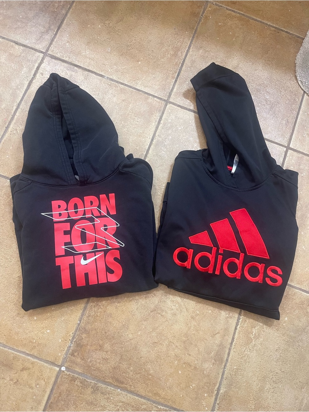 Nike and Adidas Kids Black Hoodie with Red Logo - Athletic Pullover Sweater-